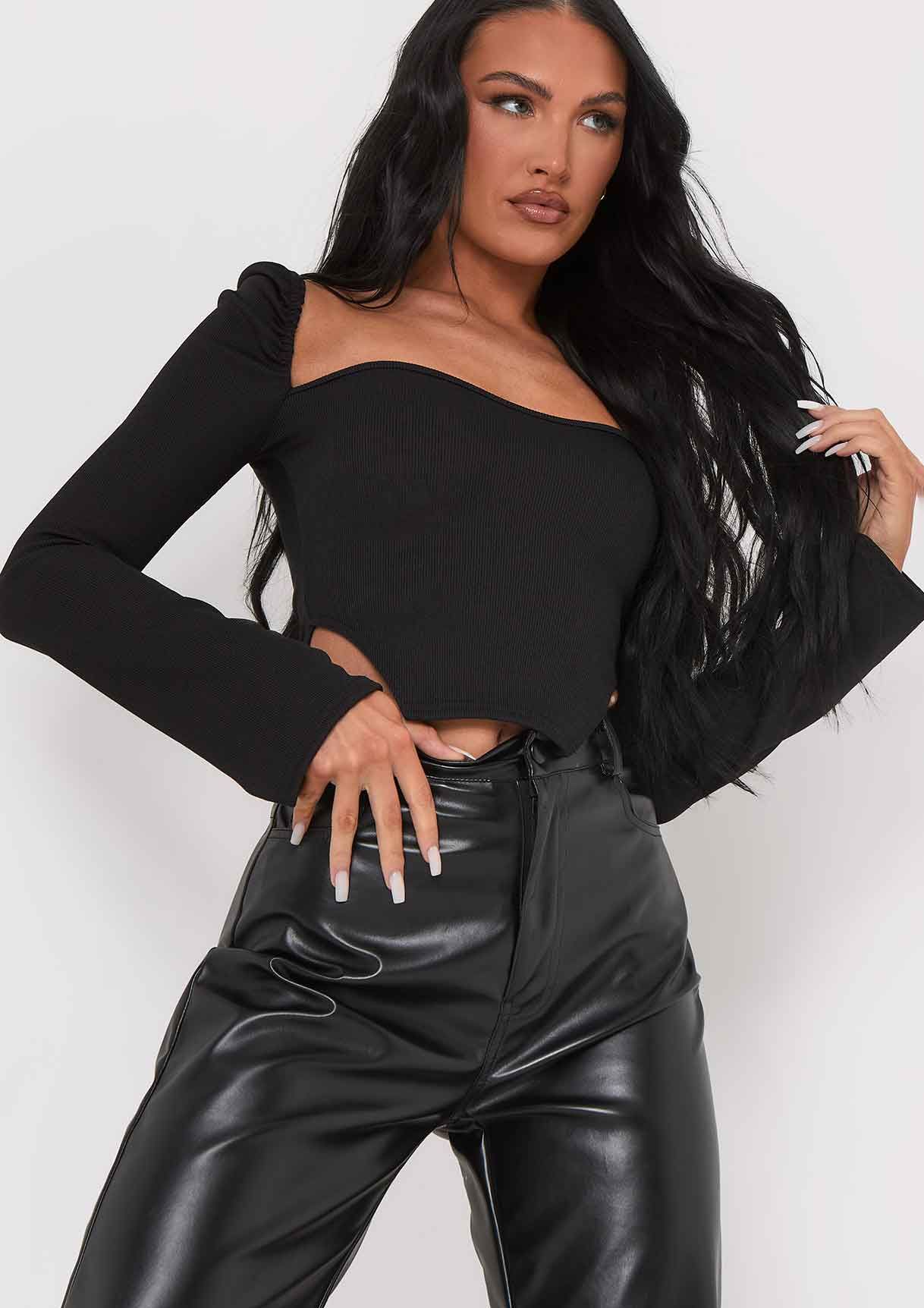 Jasmine Black Ribbed Long Sleeve Corset Top sold by Missy Empire