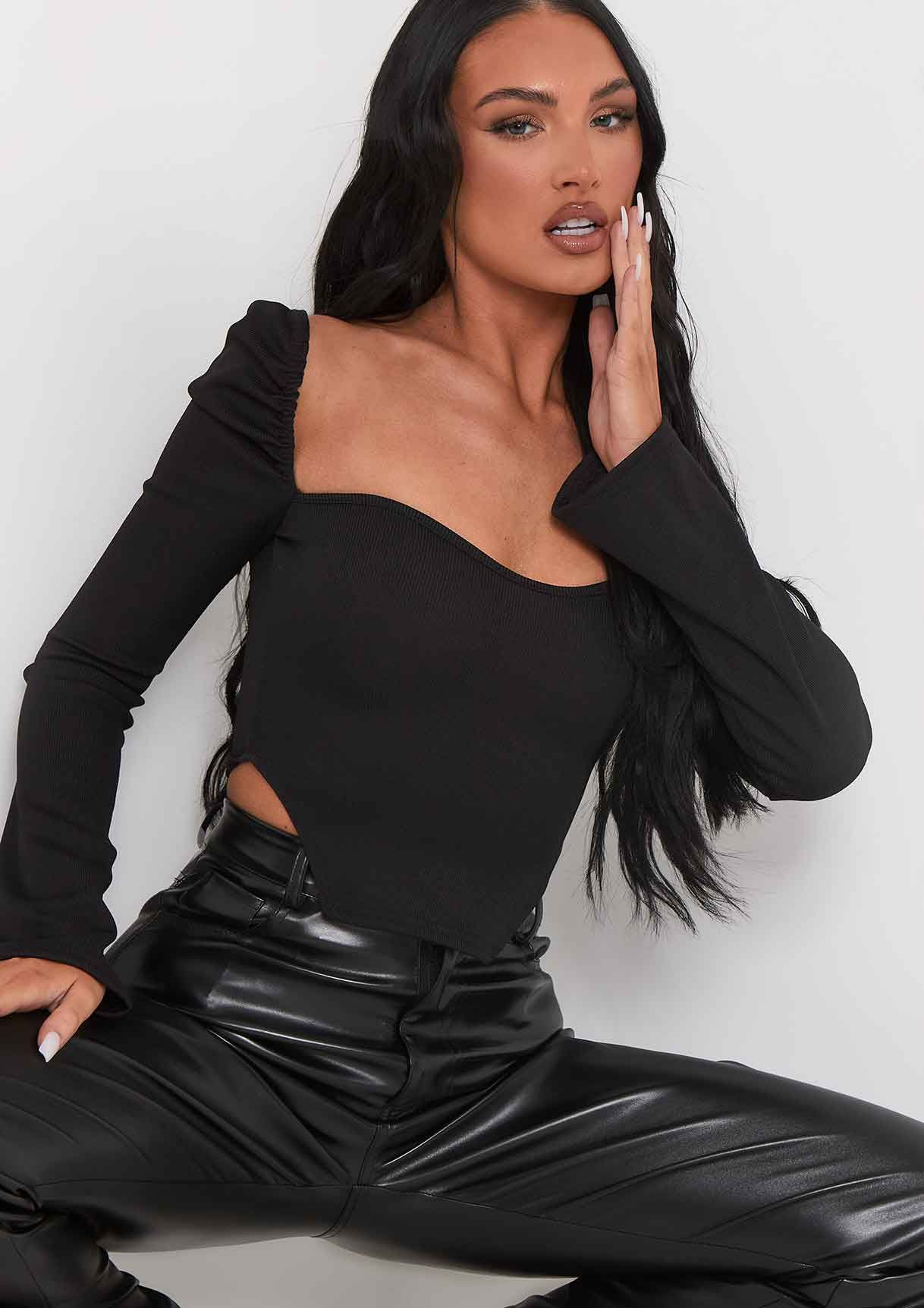 Jasmine Black Ribbed Long Sleeve Corset Top sold by Missy Empire product image thumbnail 5