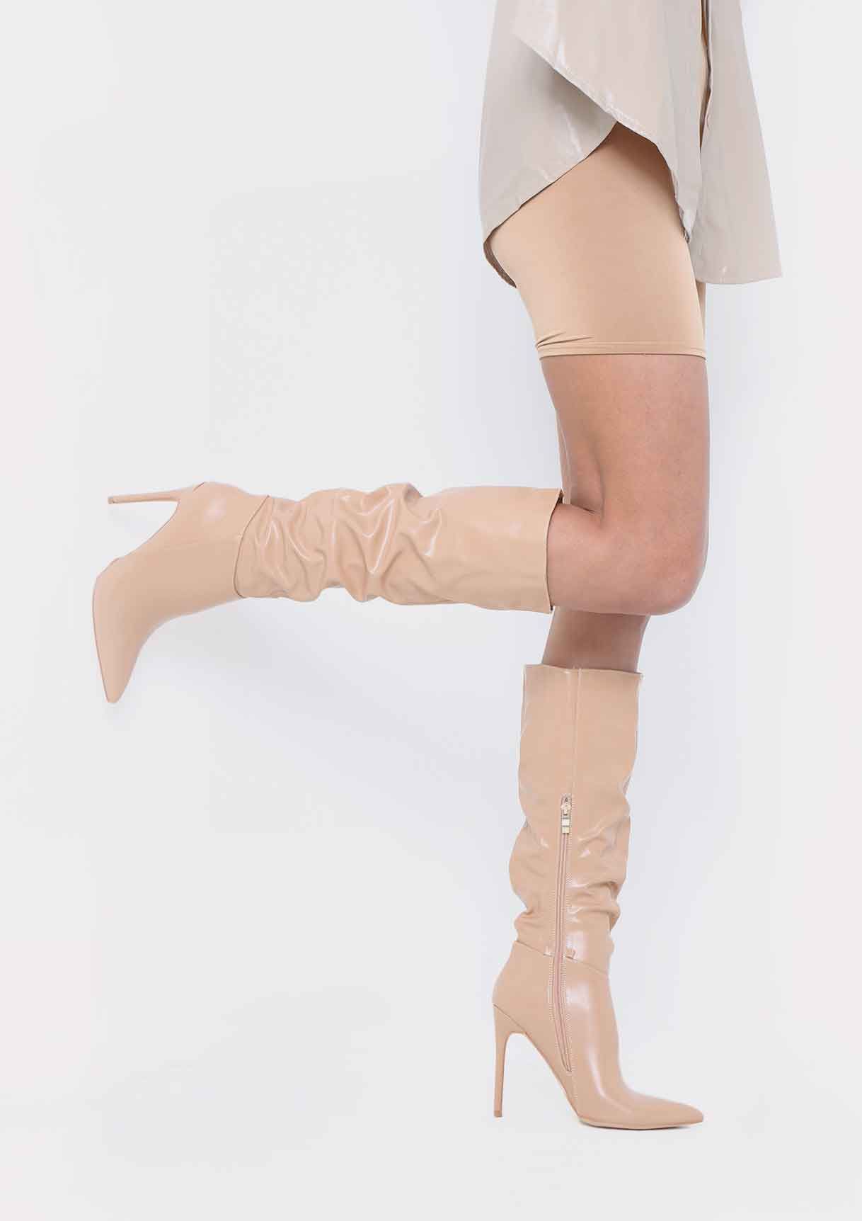 Alexandra Beige Knee High Heeled Boots sold by Missy Empire