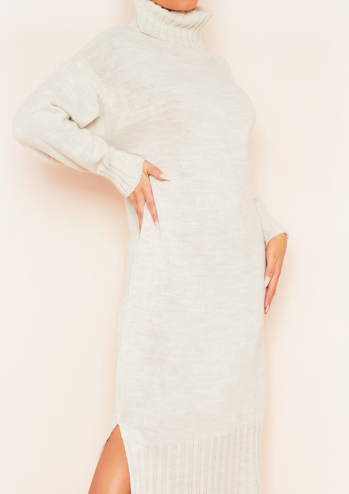 Lydia Beige High Neck Knitted Maxi Split Dress sold by Missy Empire product image thumbnail 3