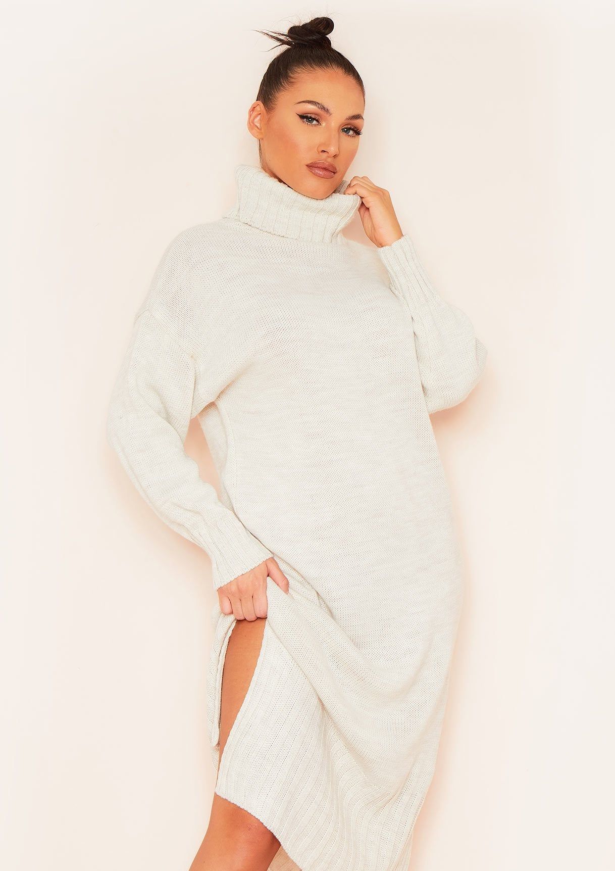Lydia Beige High Neck Knitted Maxi Split Dress sold by Missy Empire product image thumbnail 2