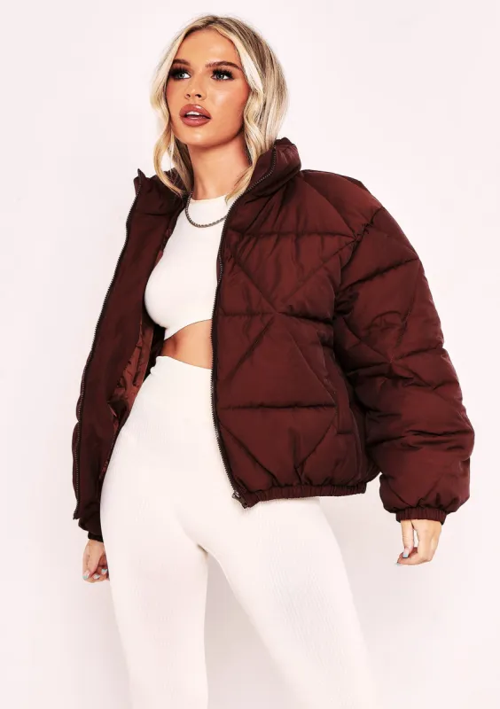 Zarina Chocolate Diamond Quilted Logo Padded Puffer Coat made by Missy Empire
