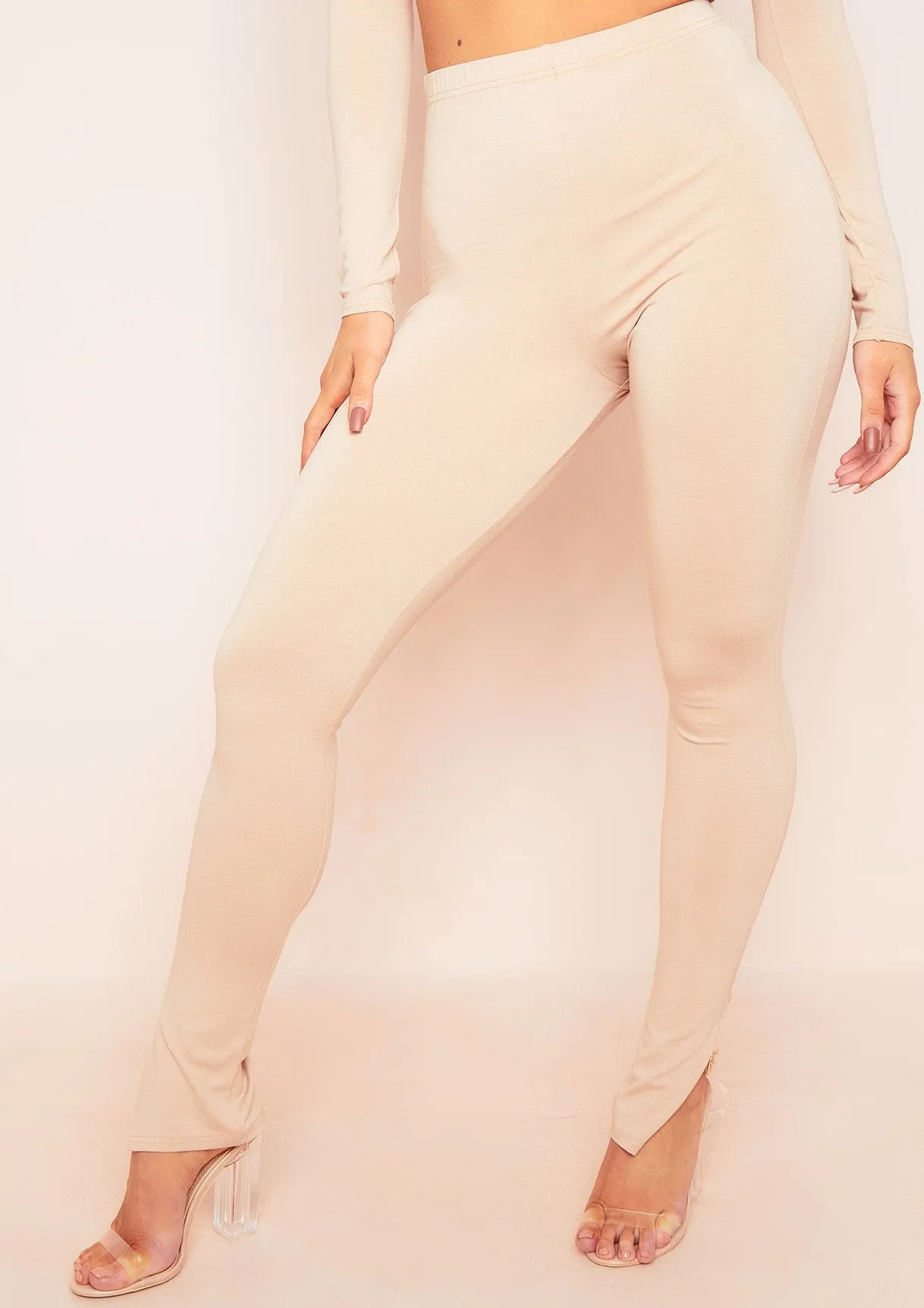 Lola Beige Split Hem Leggings sold by Missy Empire product image thumbnail 3