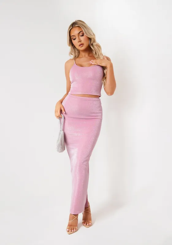 Charlie Pink Metallic Glitter Maxi Skirt sold by Missy Empire
