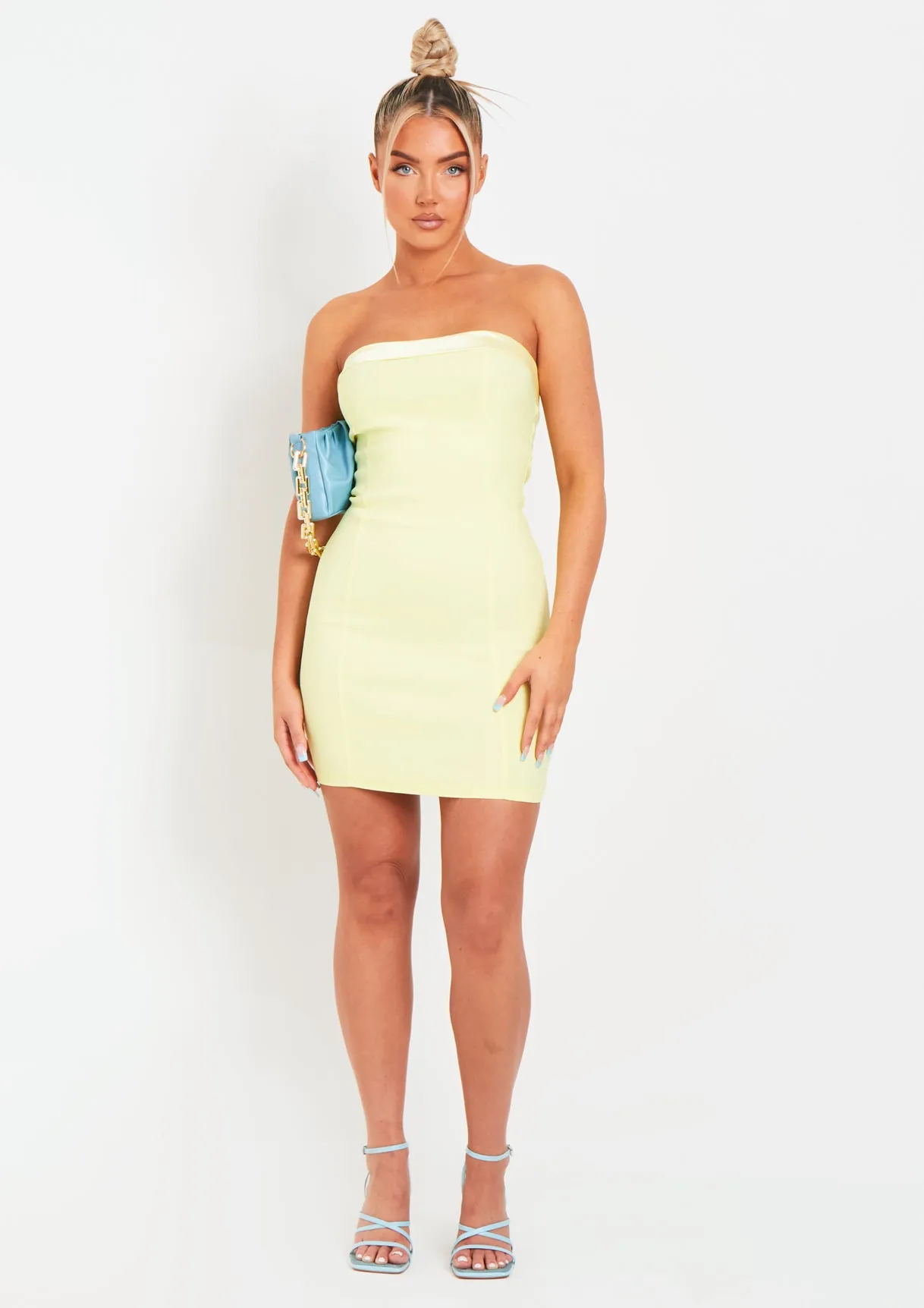 Lorena Lemon Satin Trim Bandeau Mini Dress sold by Missy Empire