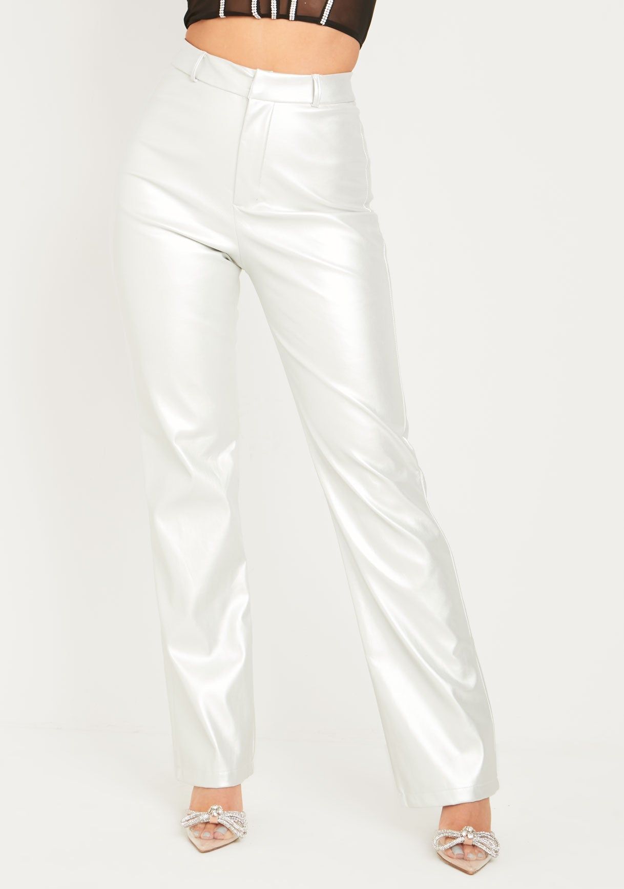 Ava Silver Metallic Leather Look Straight Leg Trousers sold by Missy Empire product image thumbnail 2