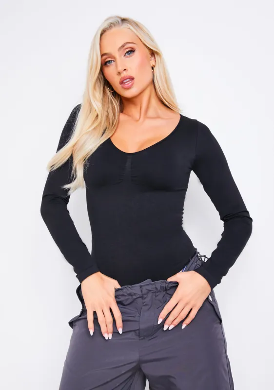 Lena Black Seamless Long Sleeve Bodysuit sold by Missy Empire