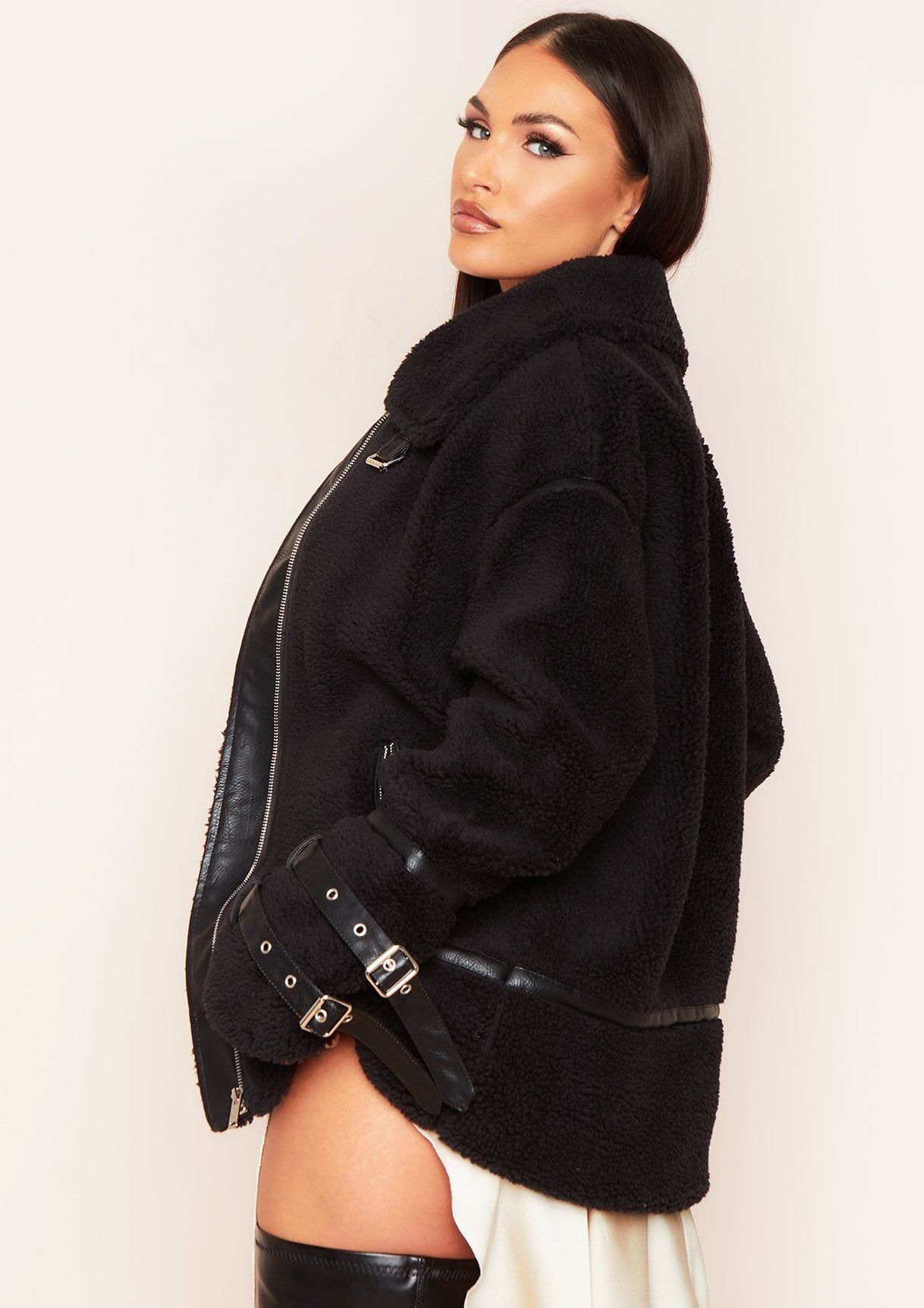 Ariella Black Oversized Buckle Aviator Jacket sold by Missy Empire product image thumbnail 4
