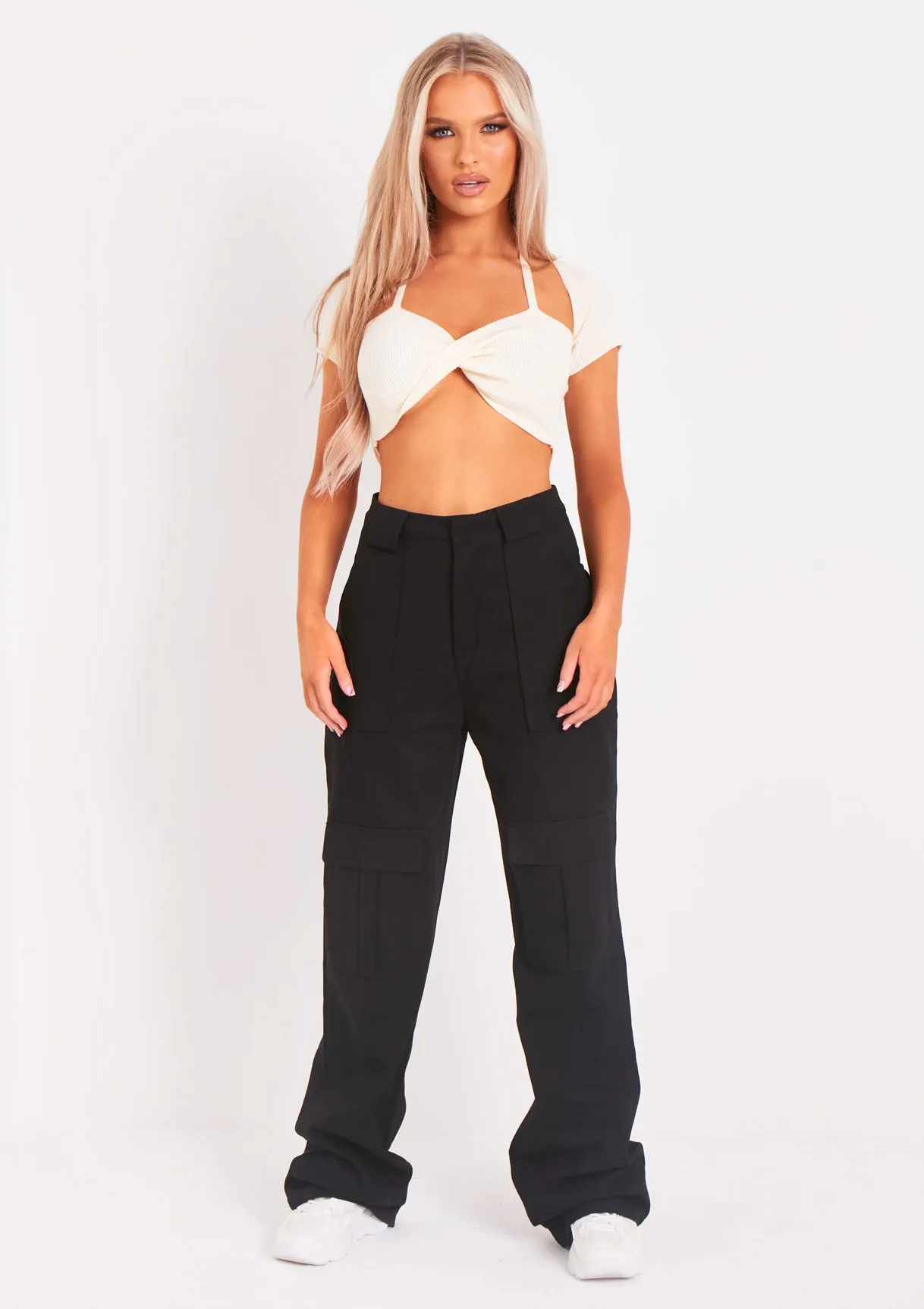 Amaia Black High Waisted Cargo Trousers sold by Missy Empire product image thumbnail 4