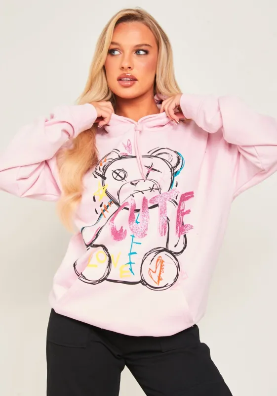 Pippa Baby Pink Bear Print Graffiti Hoodie sold by Missy Empire