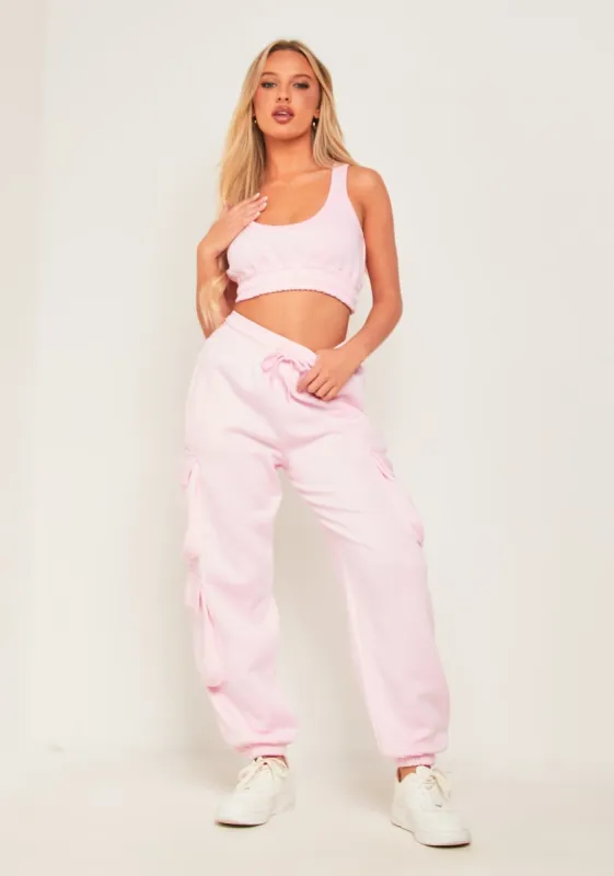 Chloe Baby Pink Cropped Cargo Tracksuit Set sold by Missy Empire