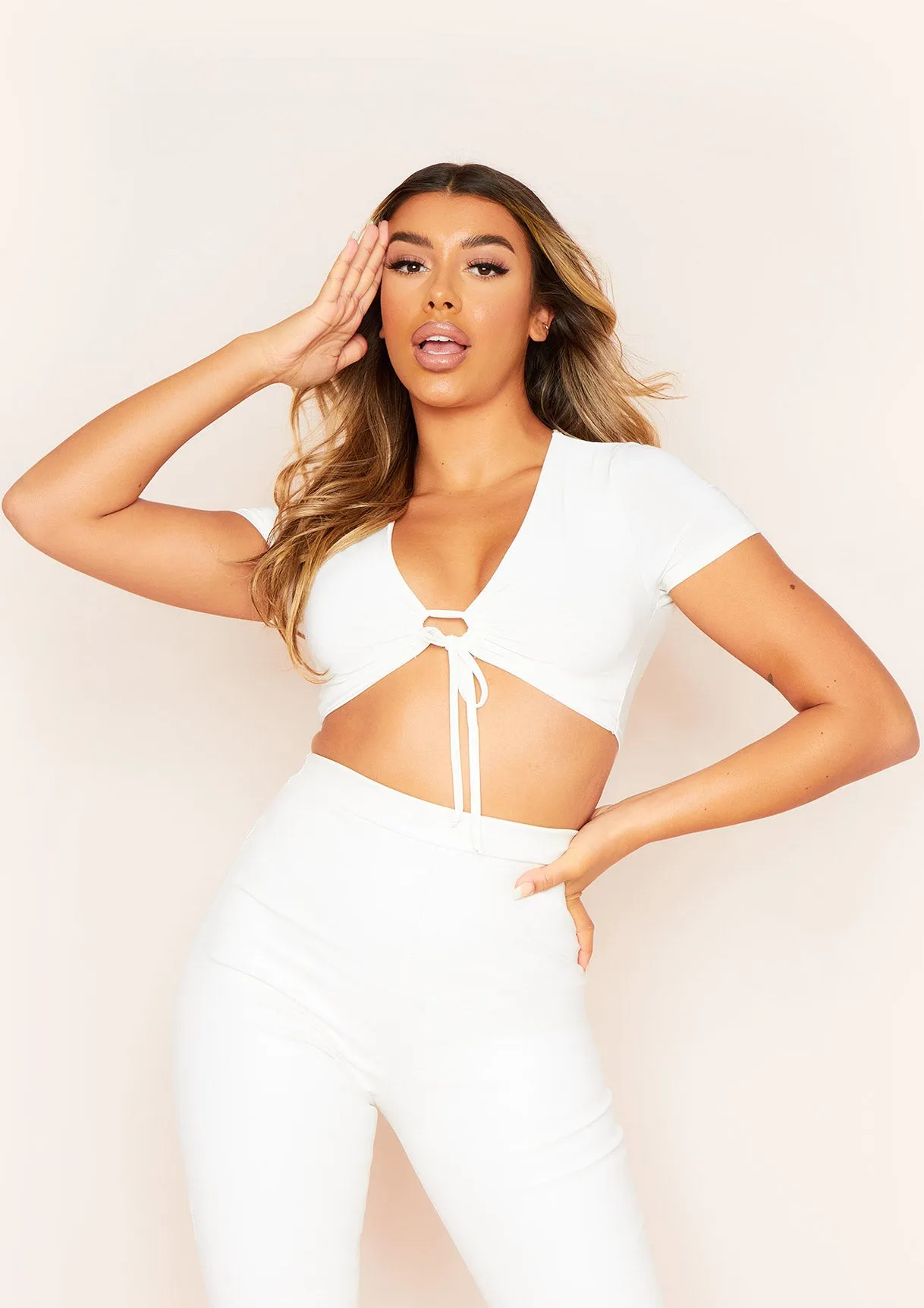 Zoe White Front Hoop Tie Slinky Crop Top sold by Missy Empire