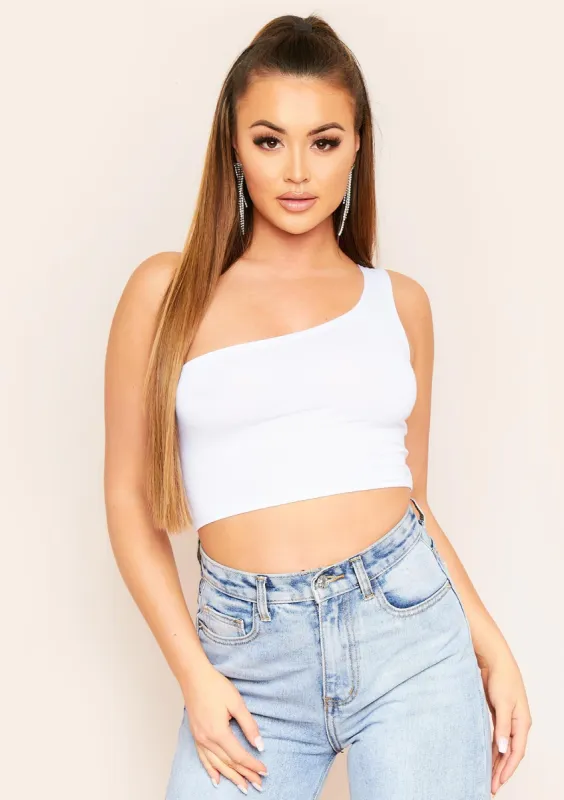 Mira White Basic One Shoulder Crop Top sold by Missy Empire