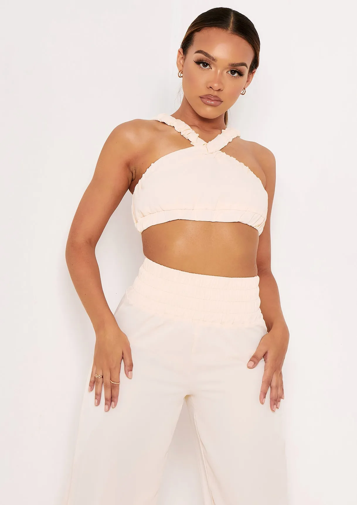 Britta Cream Cross Strap Pleat Detail Crop Top sold by Missy Empire