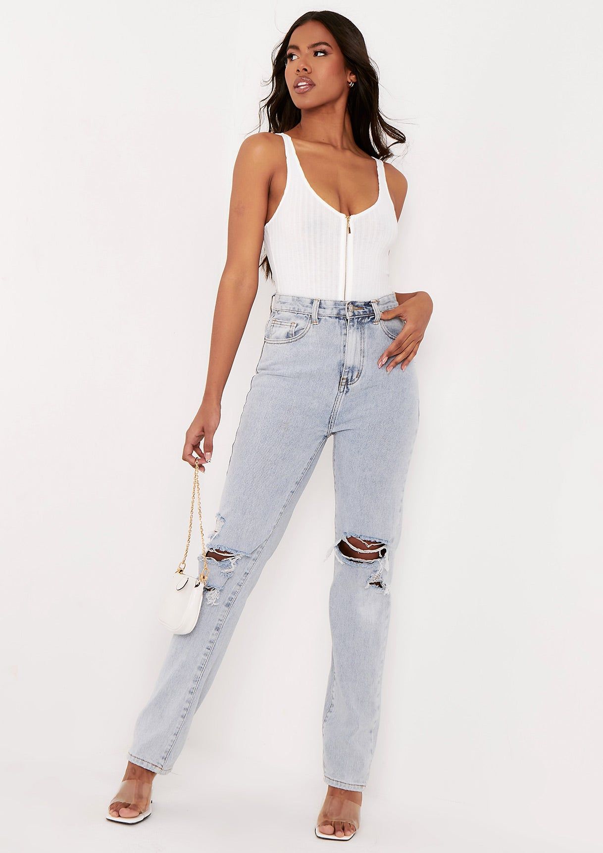 Psalm Ivory Plunge Zip Ribbed Bodysuit sold by Missy Empire product image thumbnail 3
