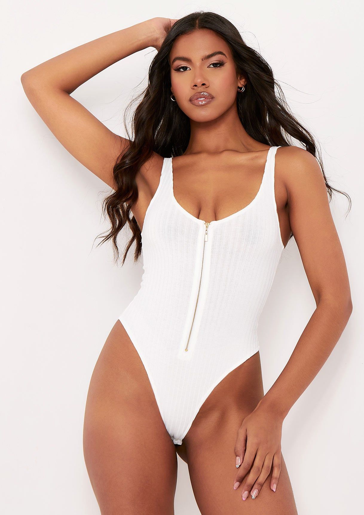 Psalm Ivory Plunge Zip Ribbed Bodysuit sold by Missy Empire