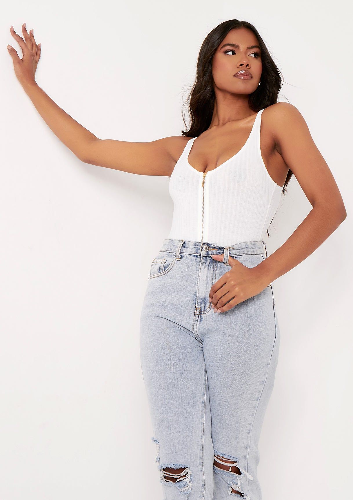 Psalm Ivory Plunge Zip Ribbed Bodysuit sold by Missy Empire product image thumbnail 2