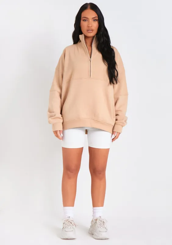 Roxy Beige Premium Ribbed Panelled Half Zip Sweatshirt made by Missy Empire