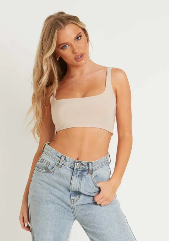 Evelyn Sand Slinky Square Neck Extreme Crop Top sold by Missy Empire