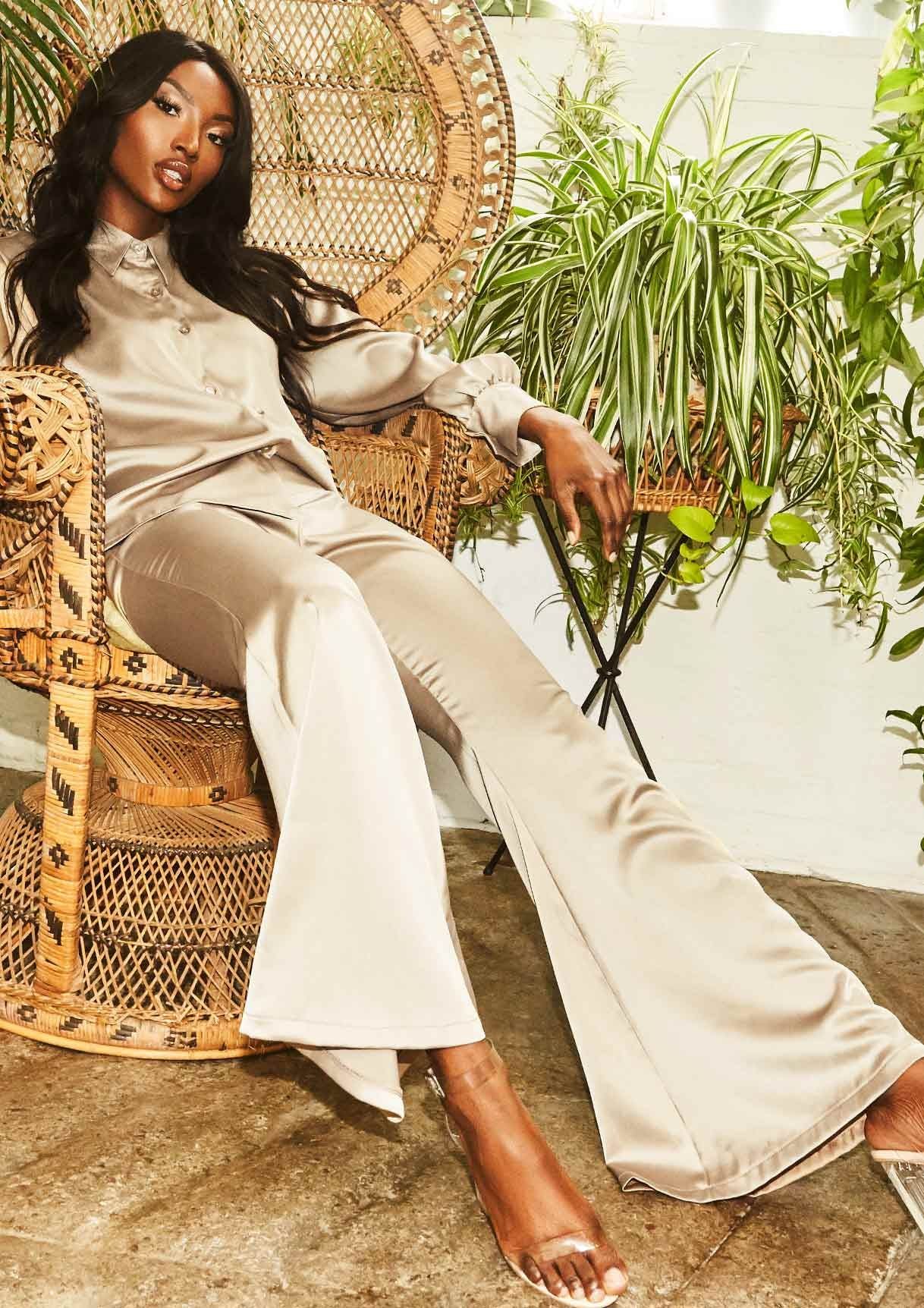 Georgie Champagne Satin Flare Trousers sold by Missy Empire