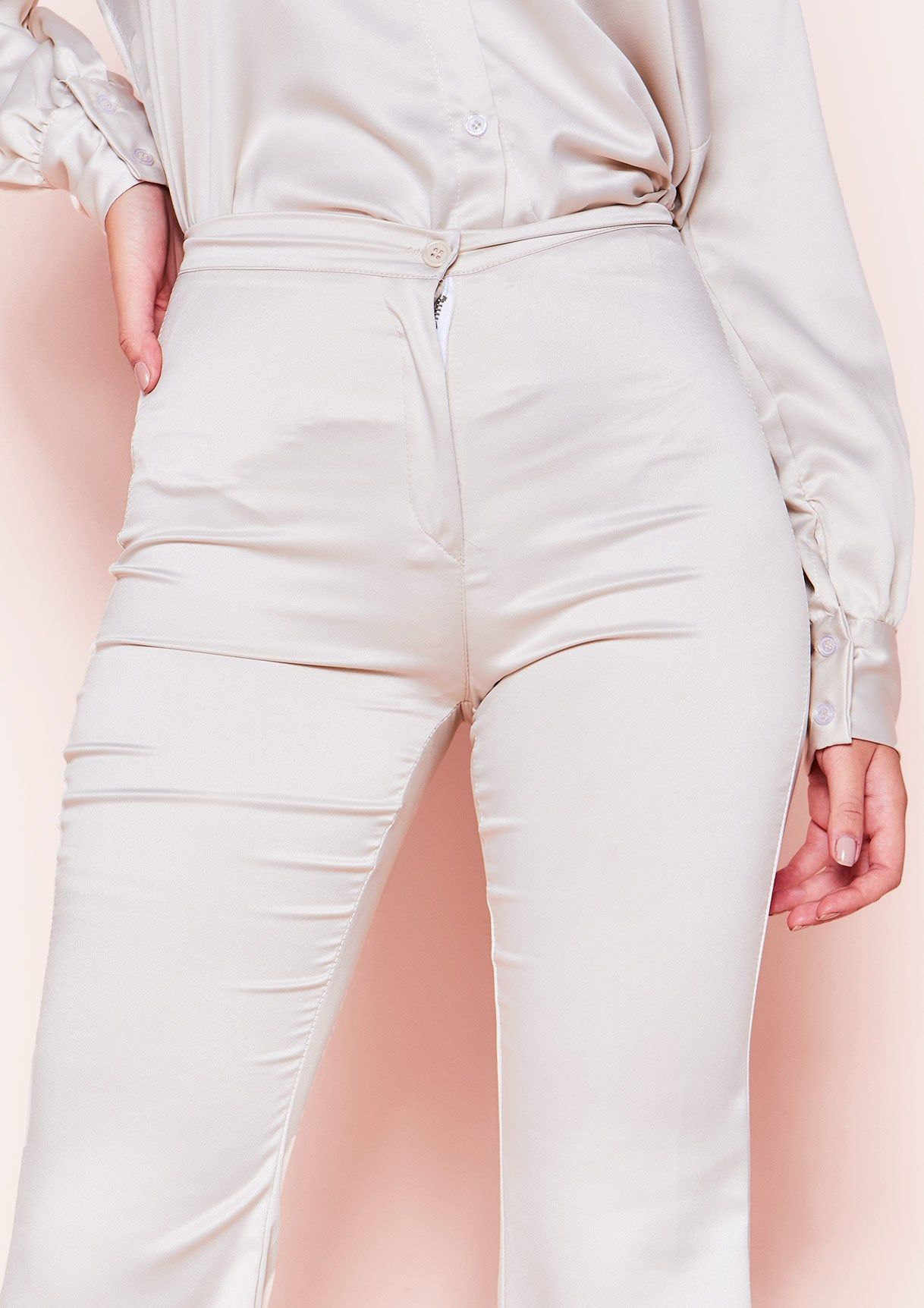 Georgie Champagne Satin Flare Trousers sold by Missy Empire product image thumbnail 5