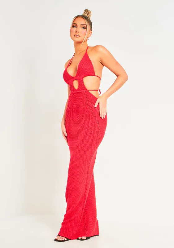 Madison Red Crochet Knit Halterneck Backless Maxi Dress sold by Missy Empire