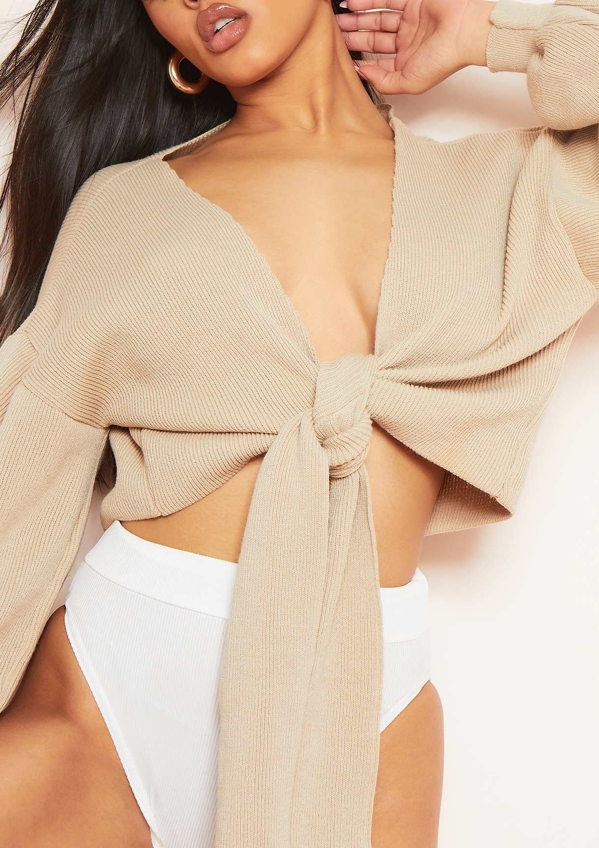 Shelly Beige Knitted Balloon Sleeve Tie Front Cardigan sold by Missy Empire product image thumbnail 3