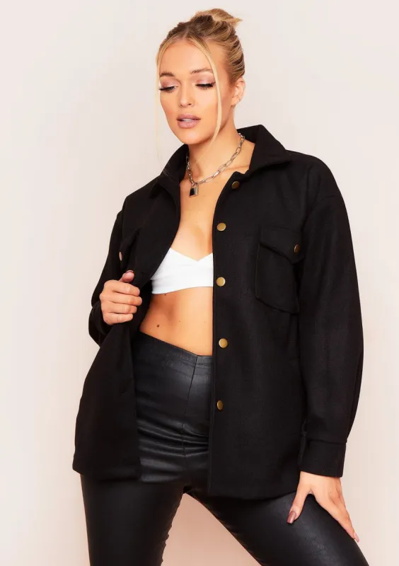 Lana Black Pocket Front Shacket sold by Missy Empire