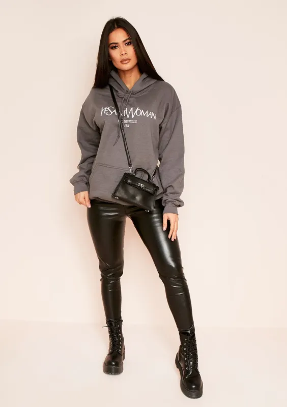 Ava Charcoal Woman Slogan Oversized Hoodie made by Missy Empire