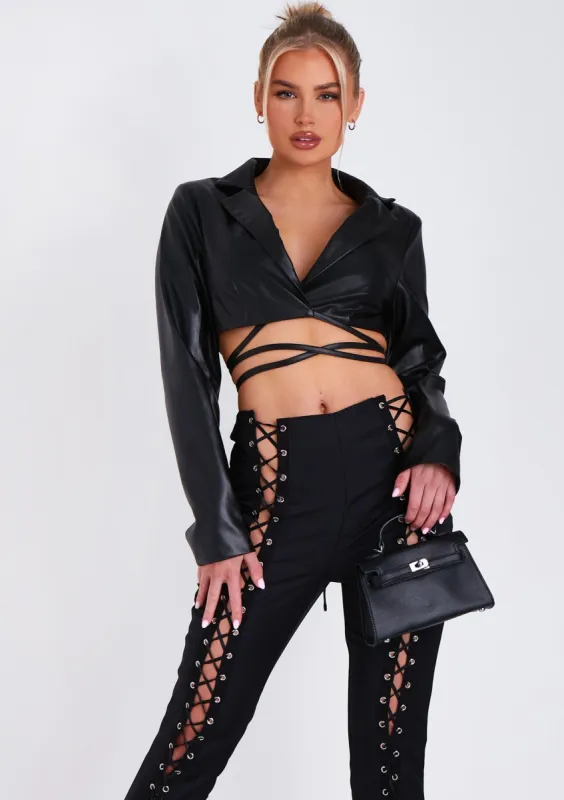 Reign Black PU Cropped Tie Blazer made by Missy Empire