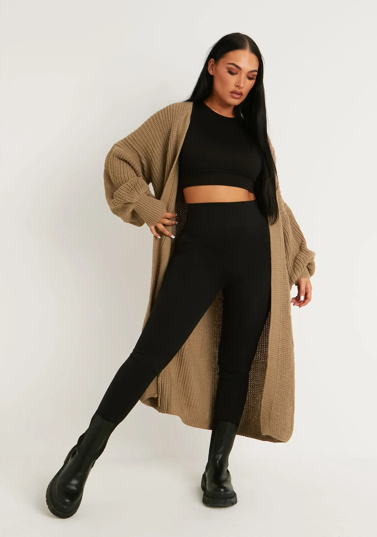 Nathalie Mocha Balloon Sleeve Knitted Cardigan sold by Missy Empire