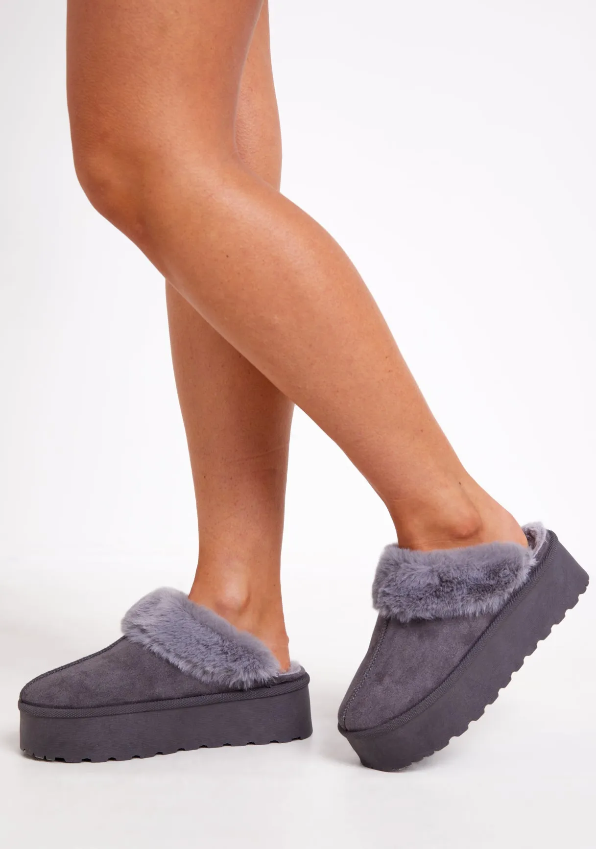 Sara Grey Faux Fur Lined Platform Slippers sold by Missy Empire
