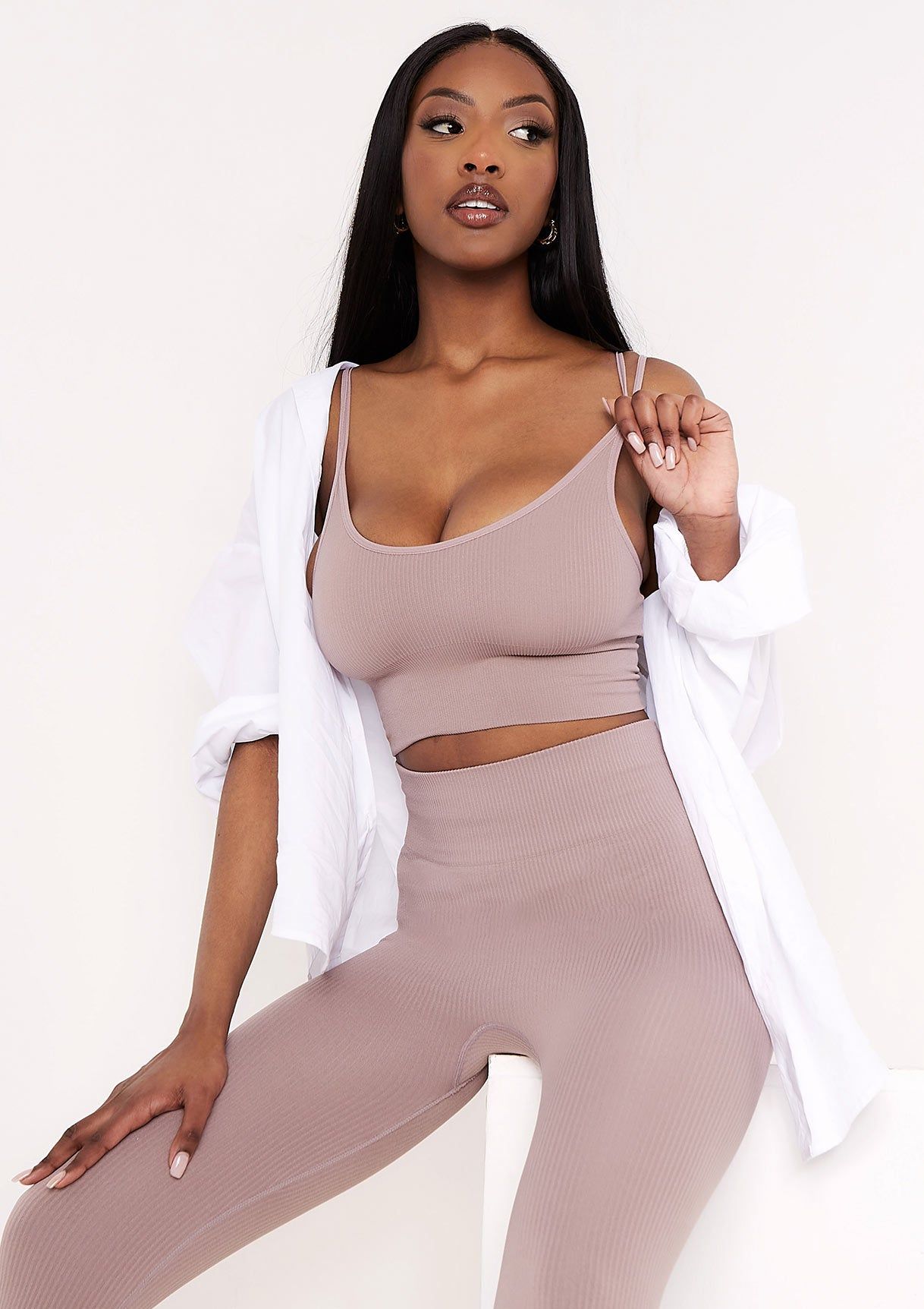 Kara Mocha Seamless Ribbed Scoop Neck Double Strap Crop Top sold by Missy Empire
