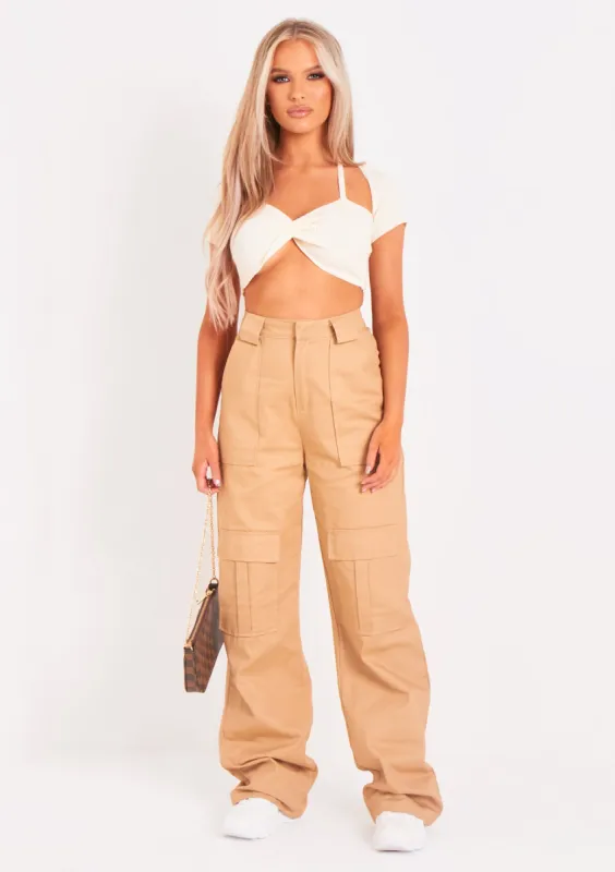 Amaia Beige High Waisted Cargo Trousers sold by Missy Empire
