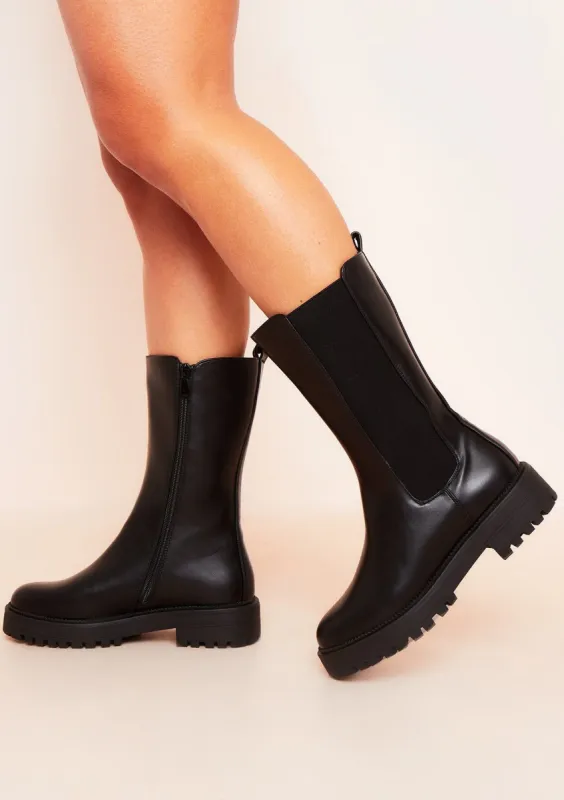 Rachel Black Vegan Leather Chunky Slip On Boots sold by Missy Empire