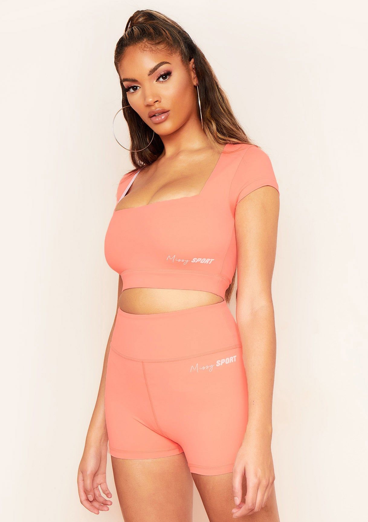 Amelia Peach Missy Sport Square Neck Gym Crop Top sold by Missy Empire