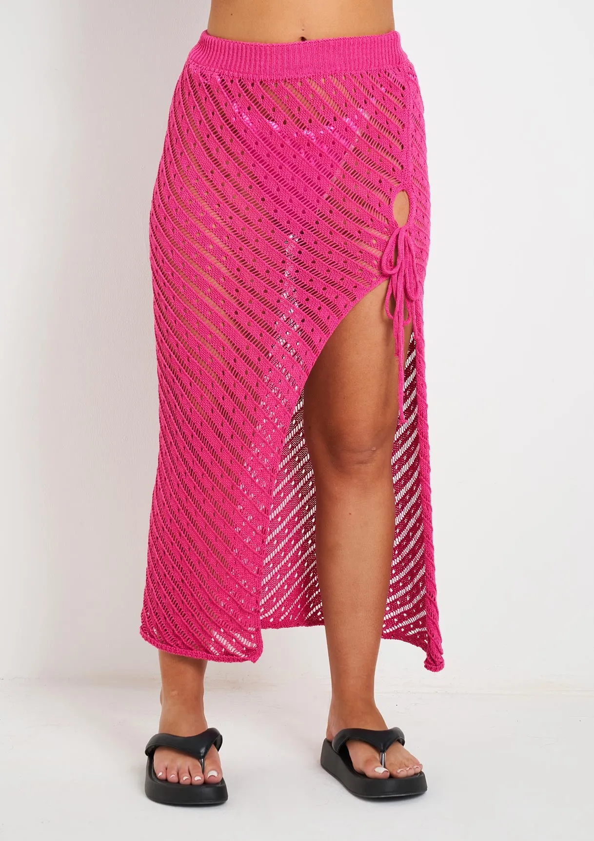 Saffiyah Pink Crochet Knit Beach Crop Top And Midi Skirt Set sold by Missy Empire product image thumbnail 3