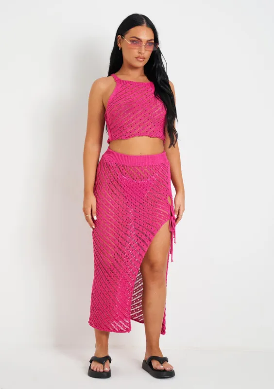 Saffiyah Pink Crochet Knit Beach Crop Top And Midi Skirt Set sold by Missy Empire