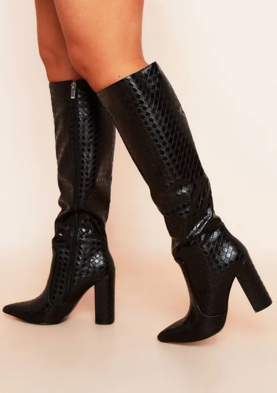 Paria Black PU Pointed Toe Heeled Knee High Boots sold by Missy Empire