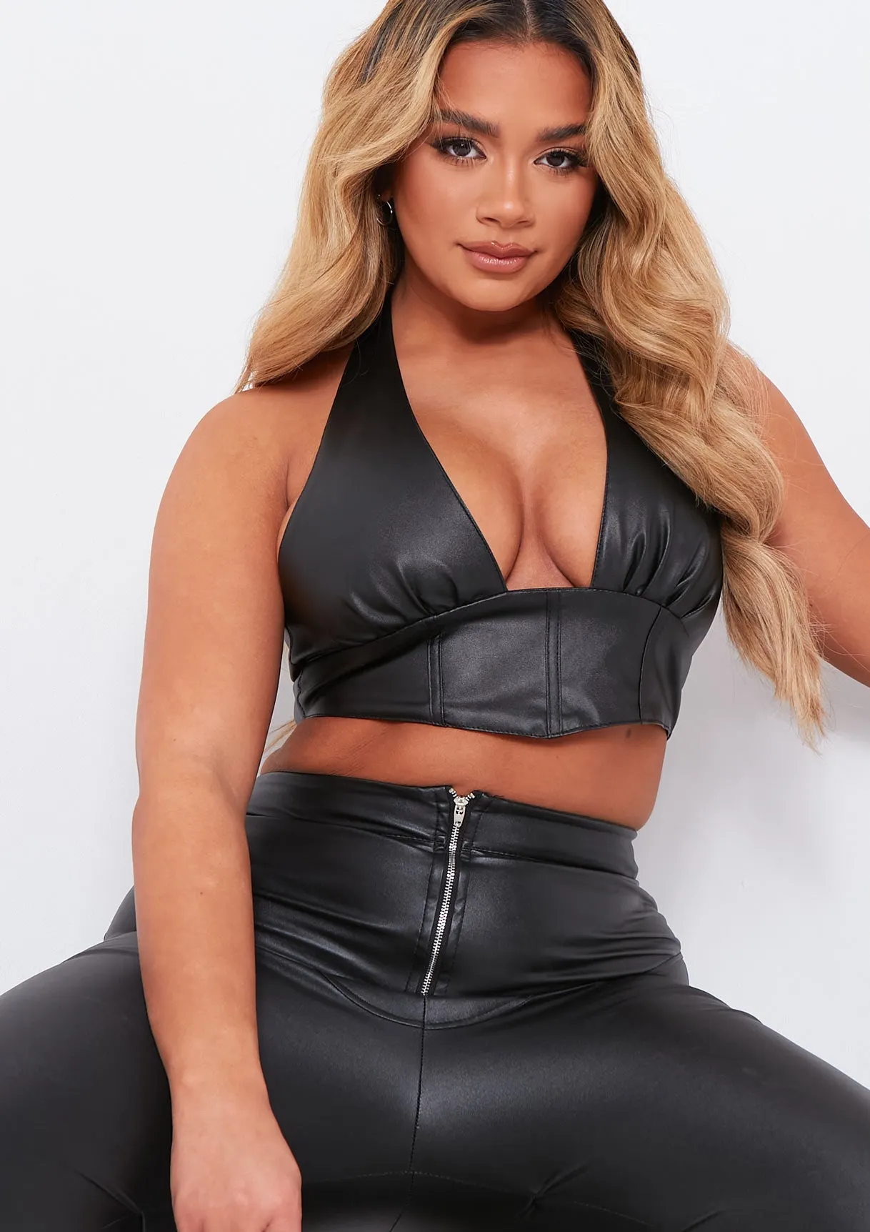 Romy Black PU Cropped Corset Halterneck Top sold by Missy Empire