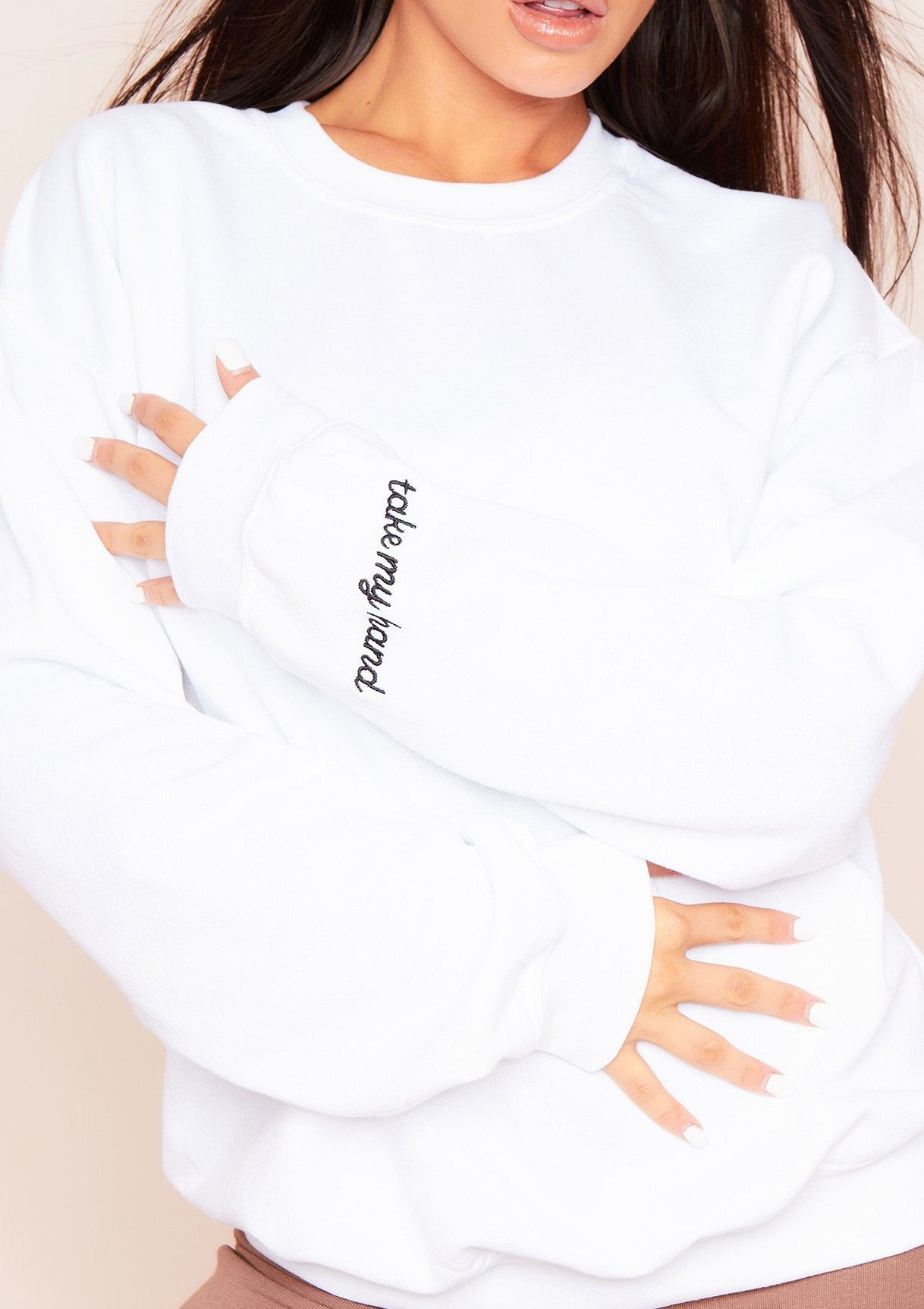Carina White 'Take My Hand' Emborided Slogan Oversized Sweatshirt sold by Missy Empire product image thumbnail 2