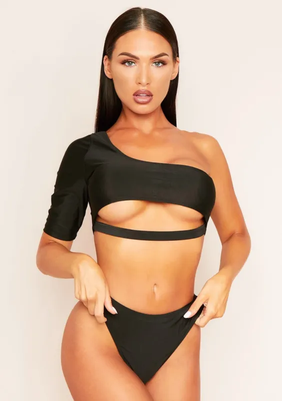 Penelope Black One Shoulder Short Sleeve Bikini sold by Missy Empire