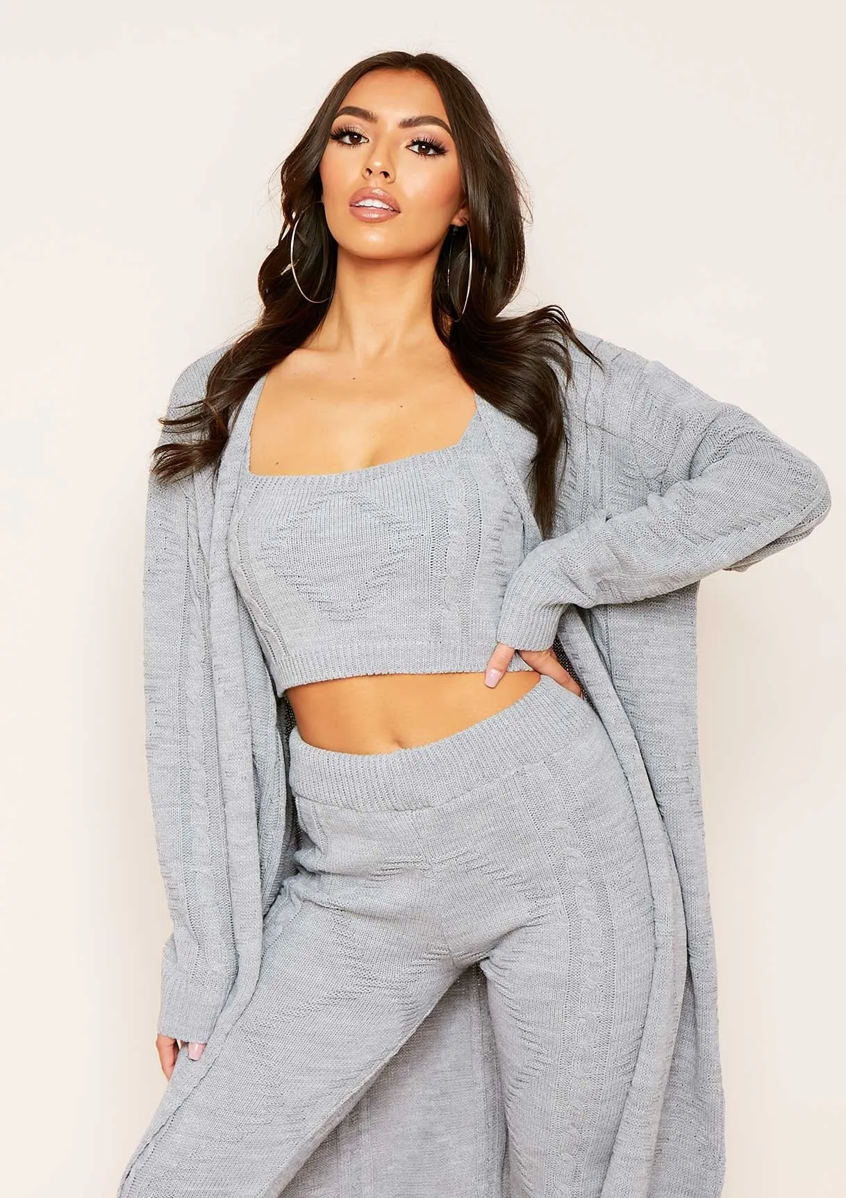 Rocha Light Grey Cable Knitted Long Oversized Cardigan sold by Missy Empire product image thumbnail 2