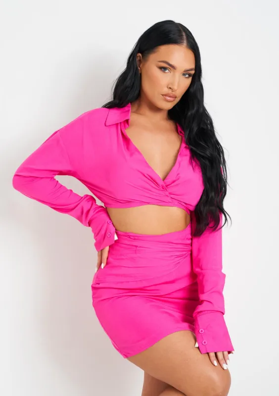 Chaya Pink Linen Twist Front Cropped Shirt sold by Missy Empire