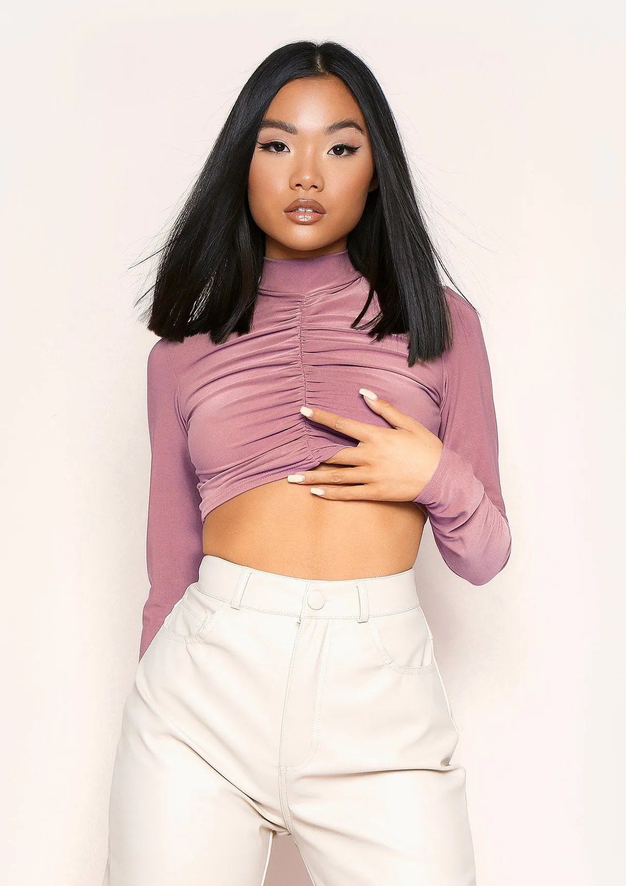 Siana Mauve Ruched Front Long Sleeve Crop Top sold by Missy Empire