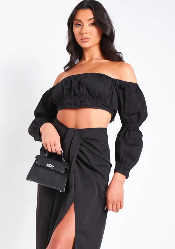 Layah Black Woven Puff Sleeve Bardot Top sold by Missy Empire