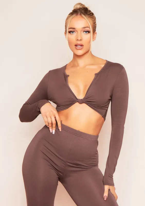 Esme Chocolate Plunge Knot Crop Top sold by Missy Empire