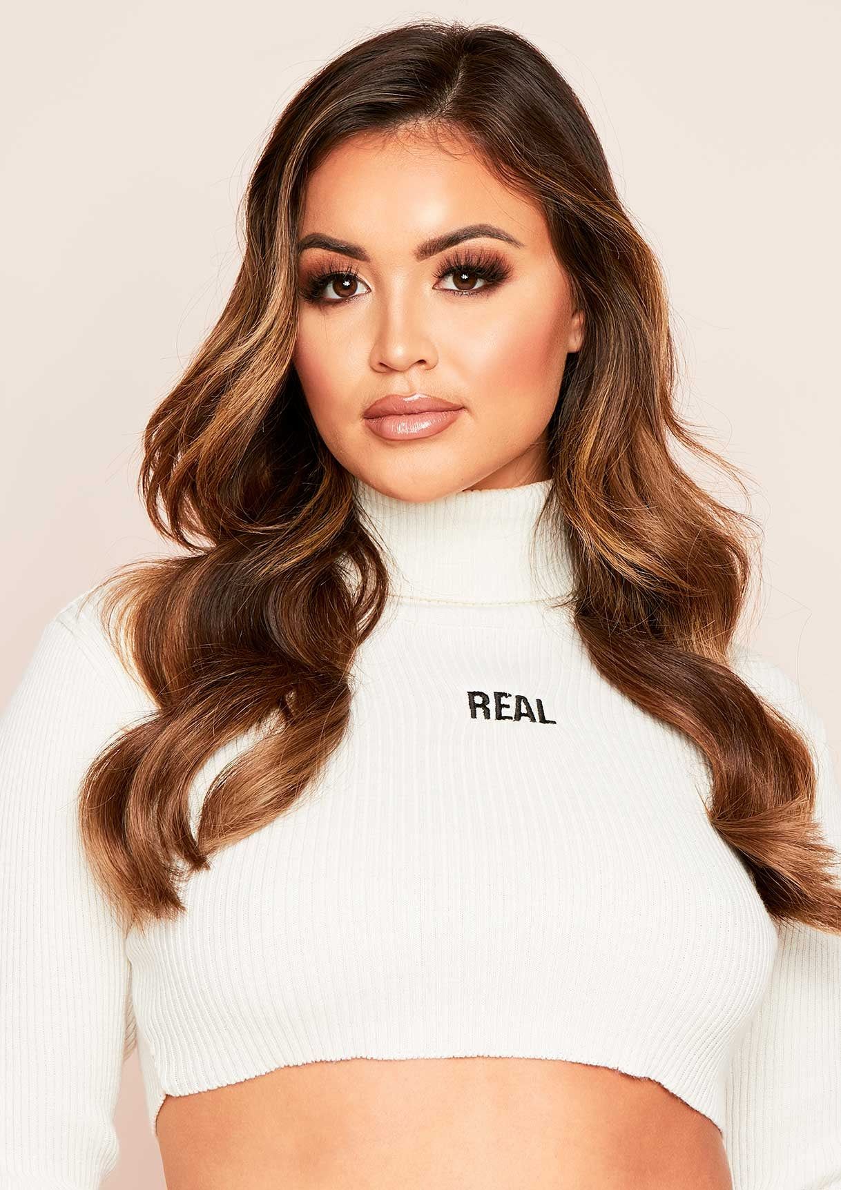 Tyra Cream Real Slogan Roll Neck Cropped Knit Jumper sold by Missy Empire product image thumbnail 4