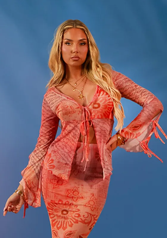Yasmin Printed Orange Mesh Top sold by Missy Empire