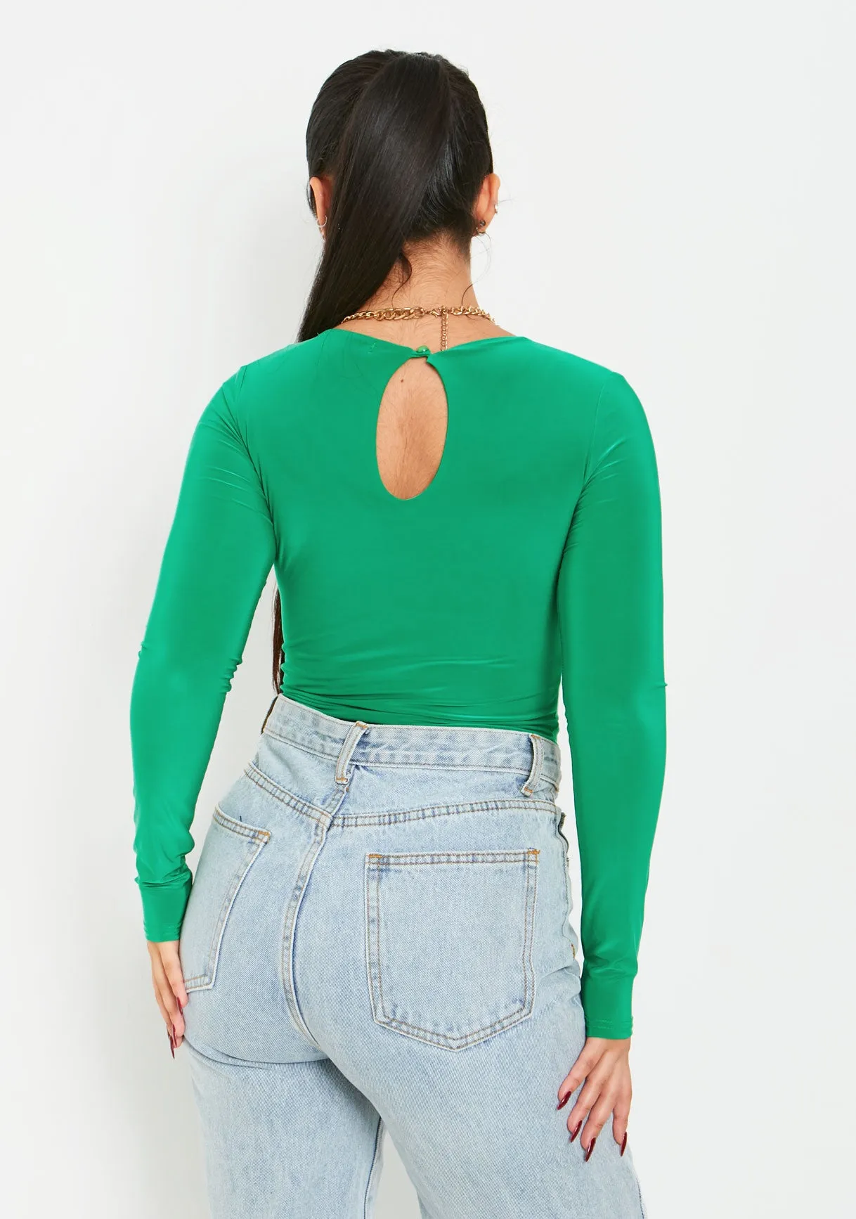 Olivia Green Double Layer Slinky Cut Out Long Sleeve Bodysuit sold by Missy Empire product image thumbnail 3